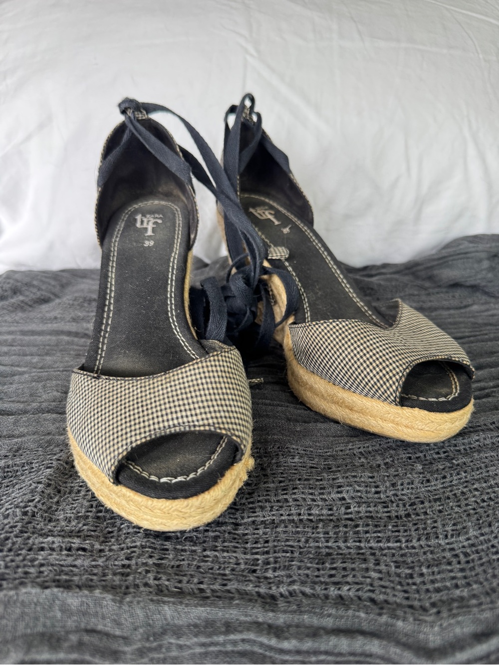 Zara Brand Black Gingham Espadrille Wedge Sandals with Jute Trim